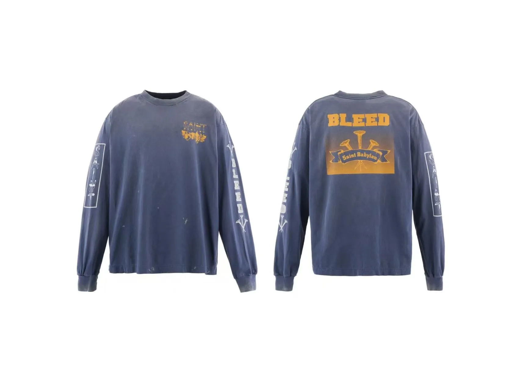 Spot ST1073 style washed blue P170 SAINT Mxxxxxx x BABYLON joint model FW25 FW25 sleeve printed pattern round neck long-sleeved T-shirt size S-M-L-XL